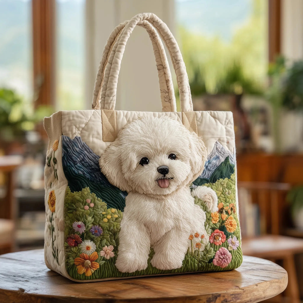 Women's Handmade Quilted Tote Bag with Unique Print - Small White Dog
