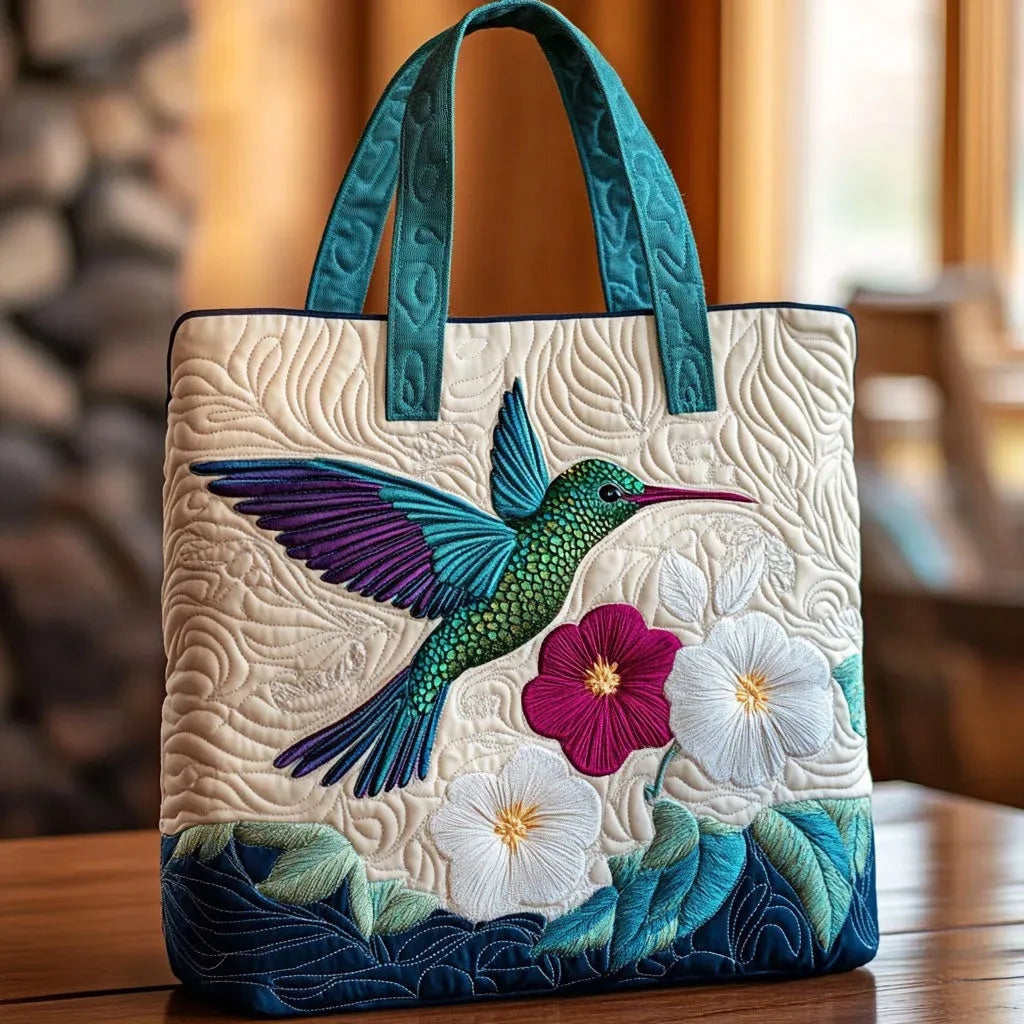 Women's Handmade Quilted Tote Bag with Unique Print - Hummingbird