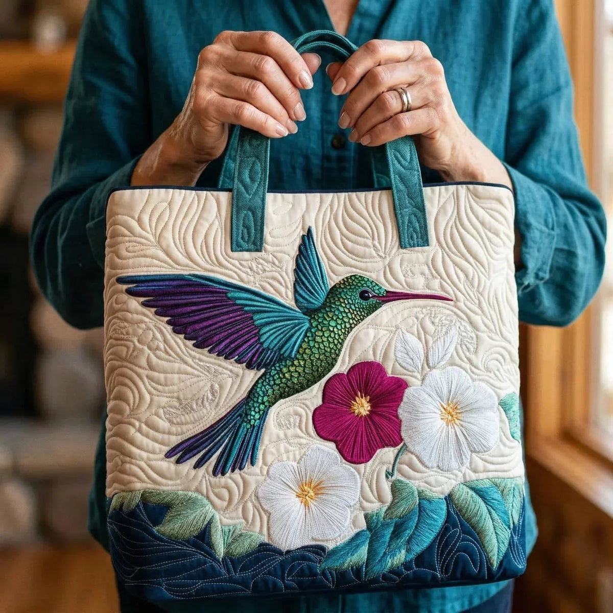 Women's Handmade Quilted Tote Bag with Unique Print