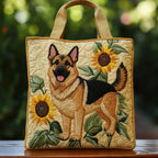 Women's Handmade Quilted Tote Bag with Unique Print - German Shepherd Sunflower