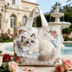 Women's Handmade Quilted Tote Bag with Unique Print - White Cat