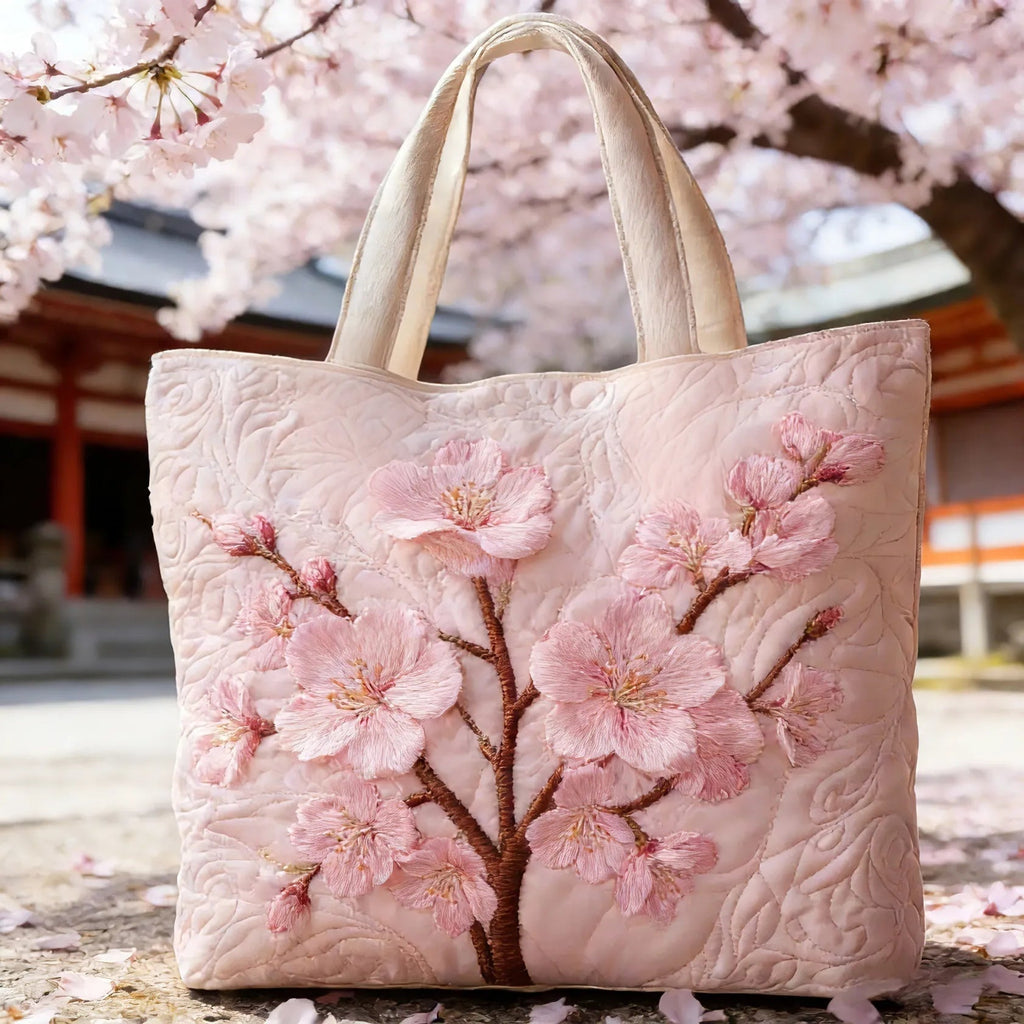 Women's Handmade Quilted Tote Bag with Unique Print - Cherry Blossom