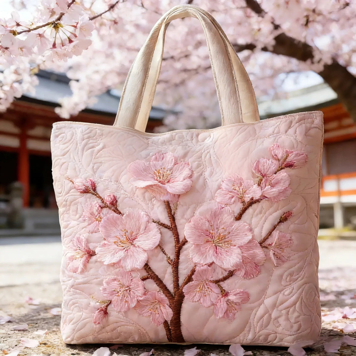 Women's Handmade Quilted Tote Bag with Unique Print - Cherry Blossom