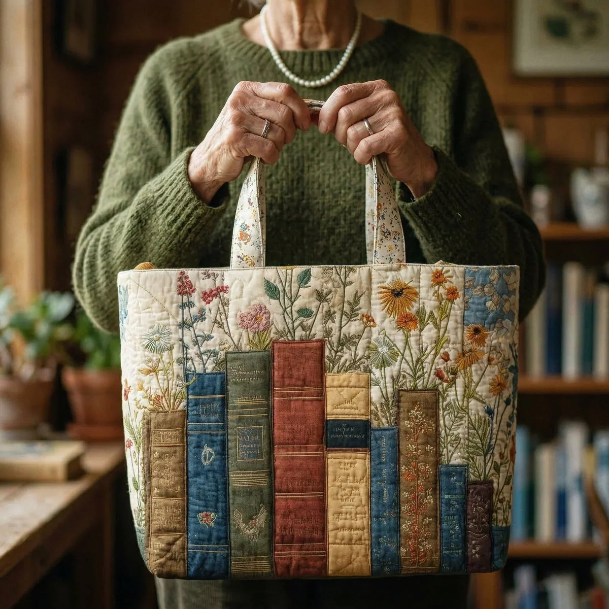 Women's Handmade Quilted Tote Bag with Unique Print