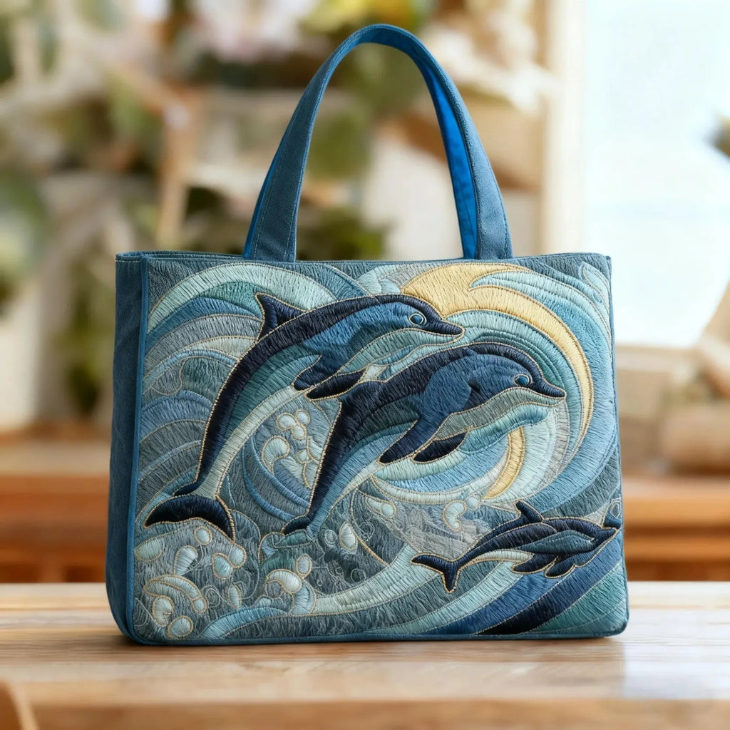 Women's Handmade Quilted Tote Bag with Unique Print - Dolphins