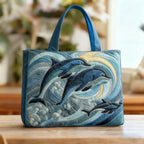 Women's Handmade Quilted Tote Bag with Unique Print - Dolphins