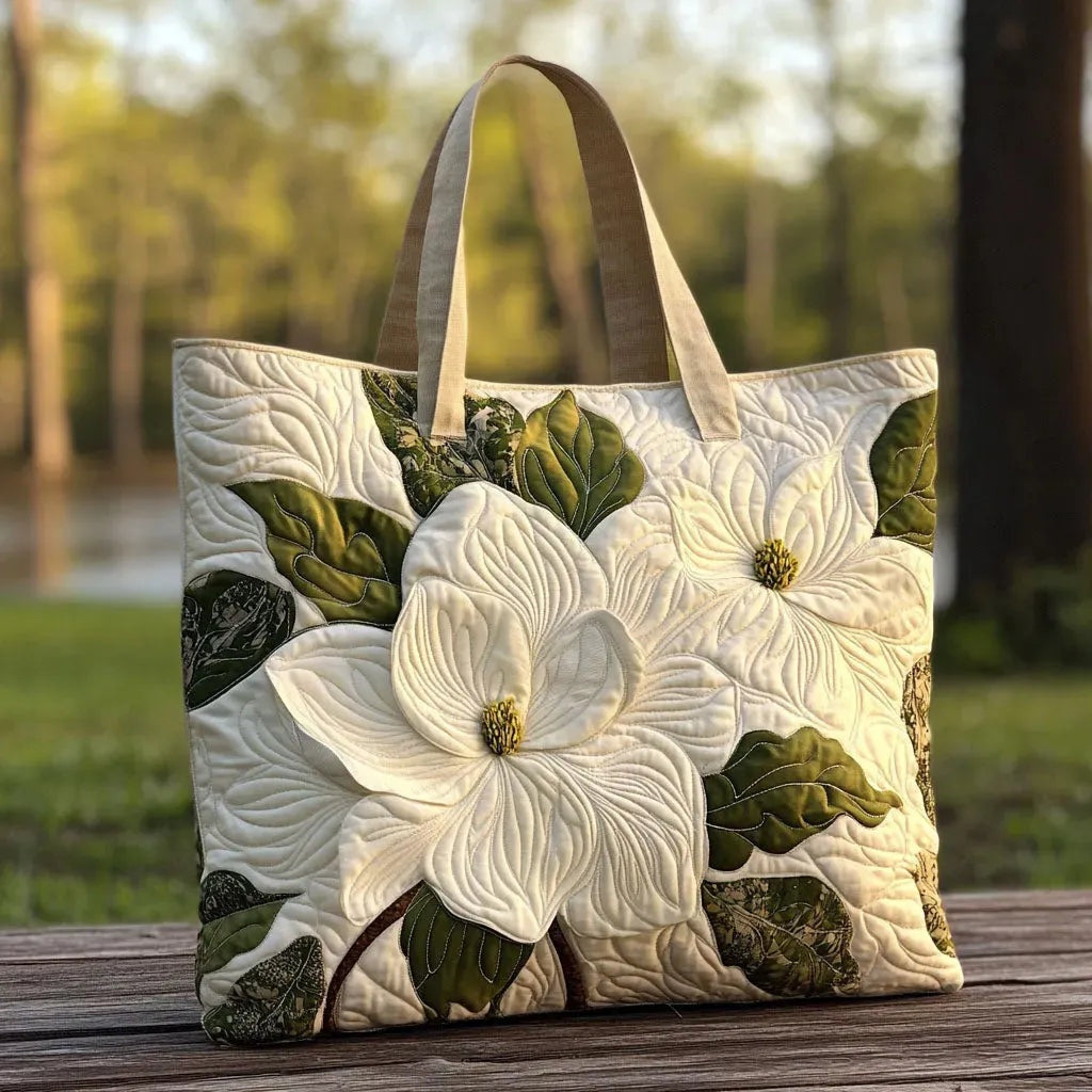 Women's Handmade Quilted Tote Bag with Unique Print - White Magnolias