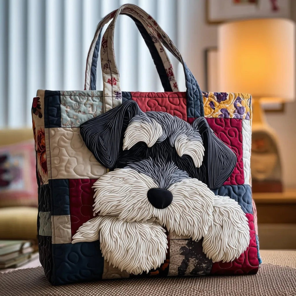 Women's Handmade Quilted Tote Bag with Unique Print - Plaid Schnauzer