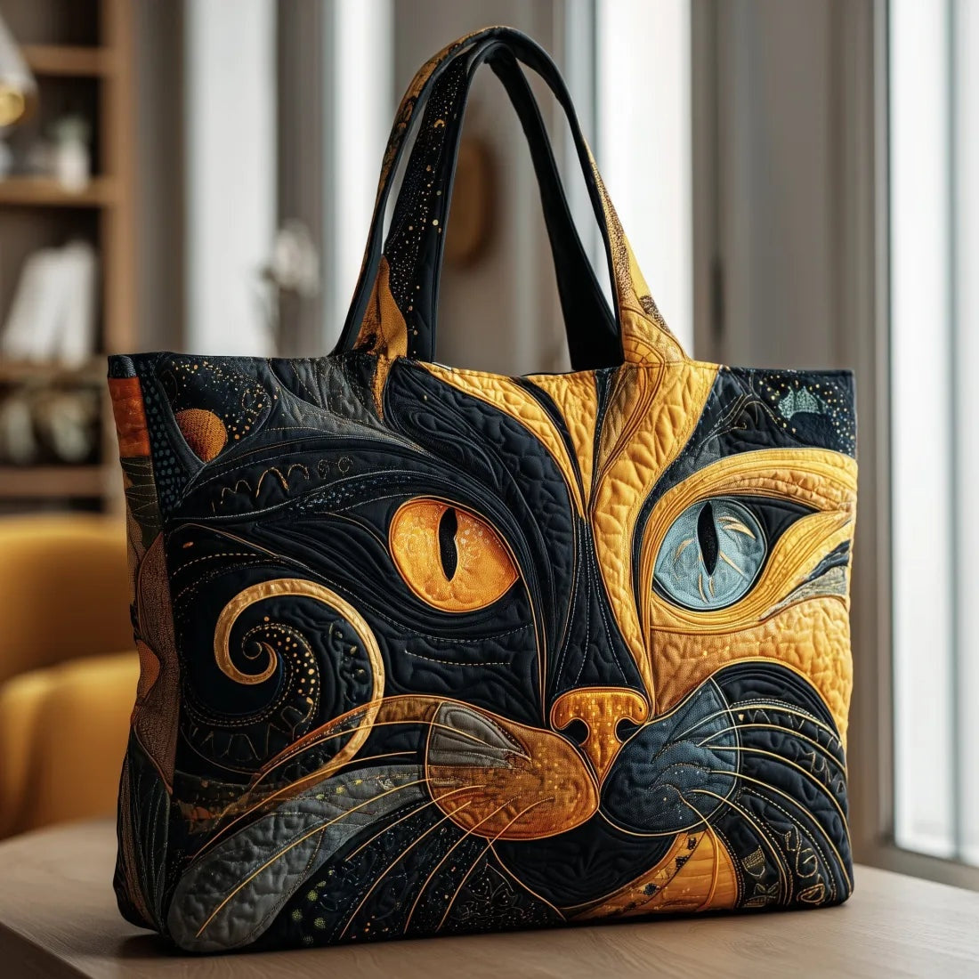 Women's Handmade Quilted Tote Bag with Unique Print - Golden Cat