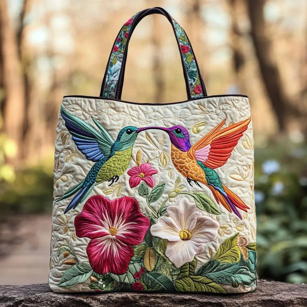 Women's Handmade Quilted Tote Bag with Unique Print - Hummingbird Floral