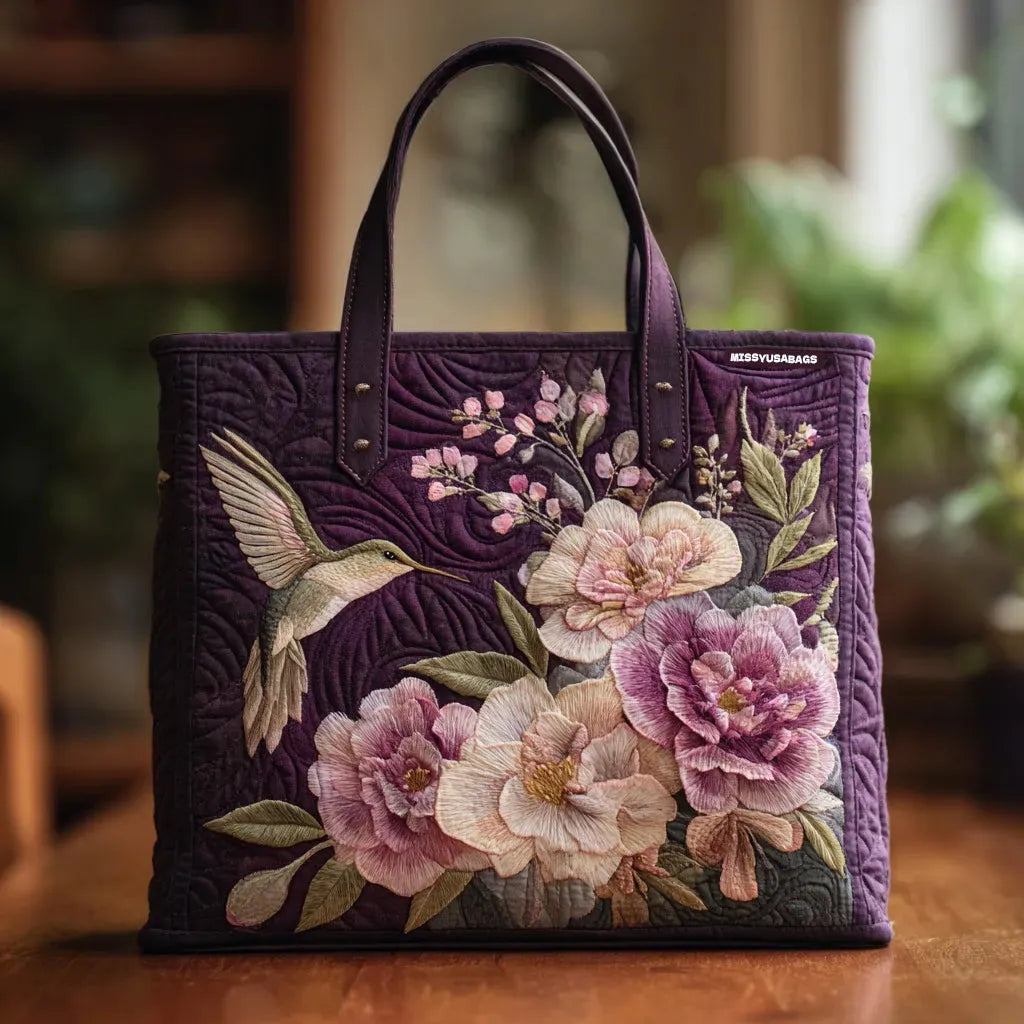 Women's Handmade Quilted Tote Bag with Unique Print - Purple Peonies