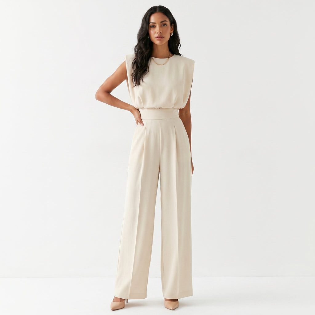 Women's Elegant Sleeveless High-Waisted Palazzo Jumpsuit - Beige