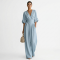 Women's Elegant Linen Maxi Jumpsuit V-Neck with Belt - Blue