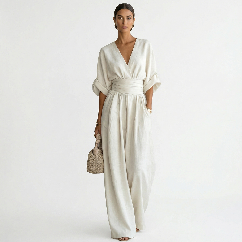 Women's Elegant Linen Maxi Jumpsuit V-Neck with Belt - White