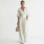 Women's Elegant Linen Maxi Jumpsuit V-Neck with Belt - White