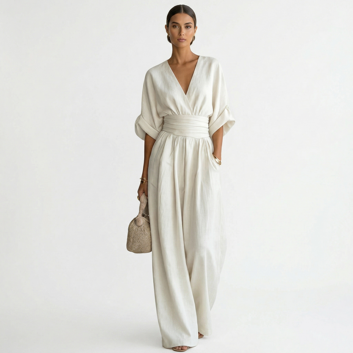Women's Elegant Linen Maxi Jumpsuit V-Neck with Belt - White
