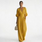 Women's Elegant Linen Maxi Jumpsuit V-Neck with Belt - Yellow