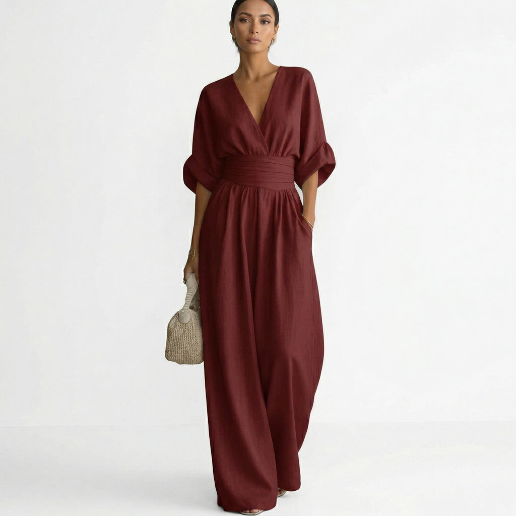 Women's Elegant Linen Maxi Jumpsuit V-Neck with Belt - Pink