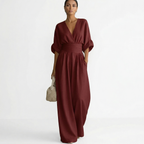 Women's Elegant Linen Maxi Jumpsuit V-Neck with Belt - Pink