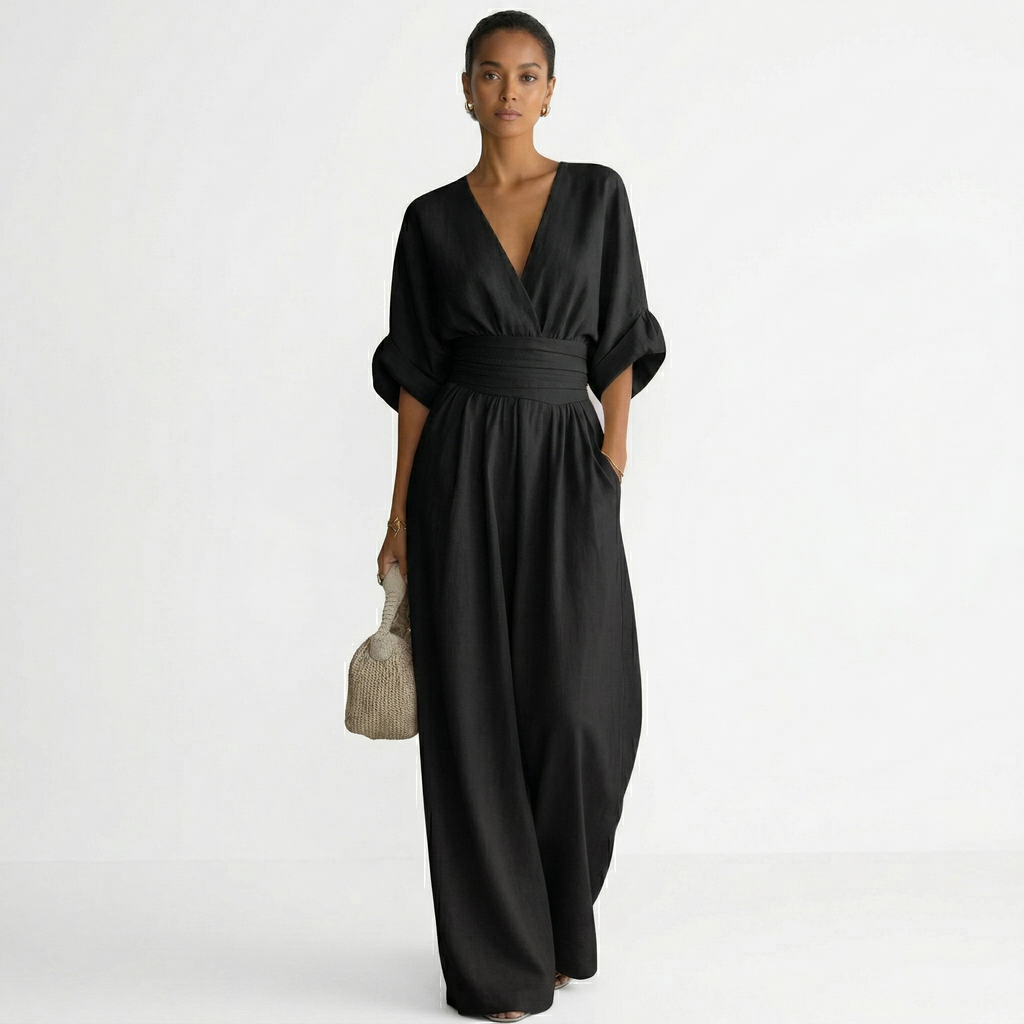Women's Elegant Linen Maxi Jumpsuit V-Neck with Belt - Black