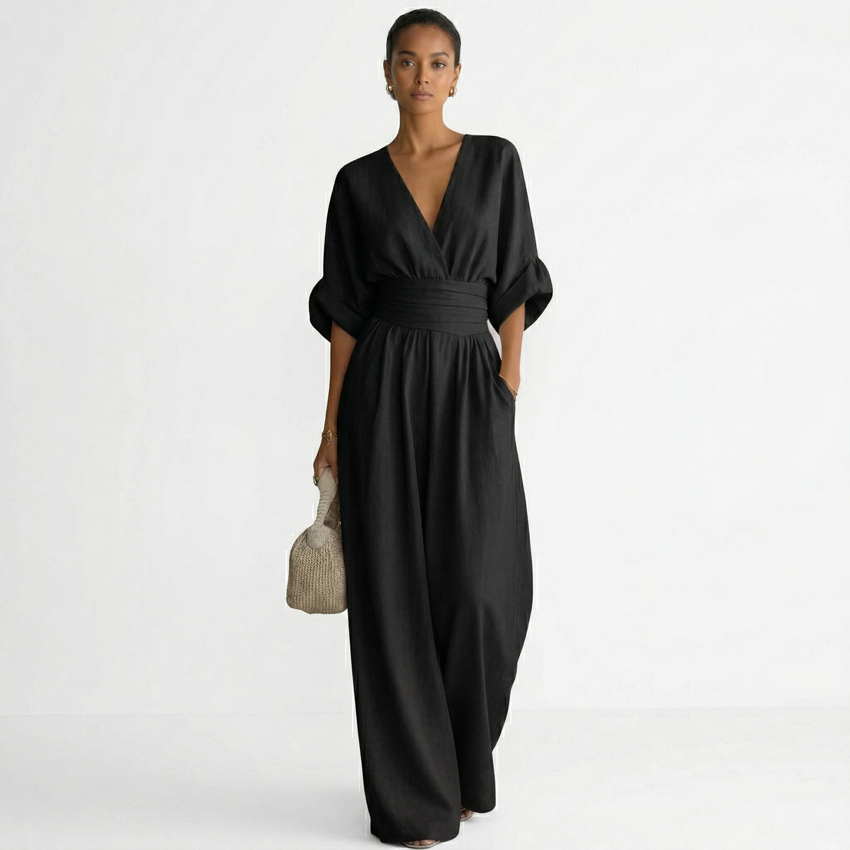 Women's Elegant Linen Maxi Jumpsuit V-Neck with Belt - Black