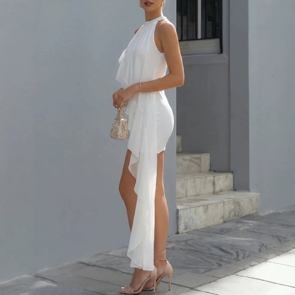 Women's White Chiffon Asymmetric Halter Neck Dress