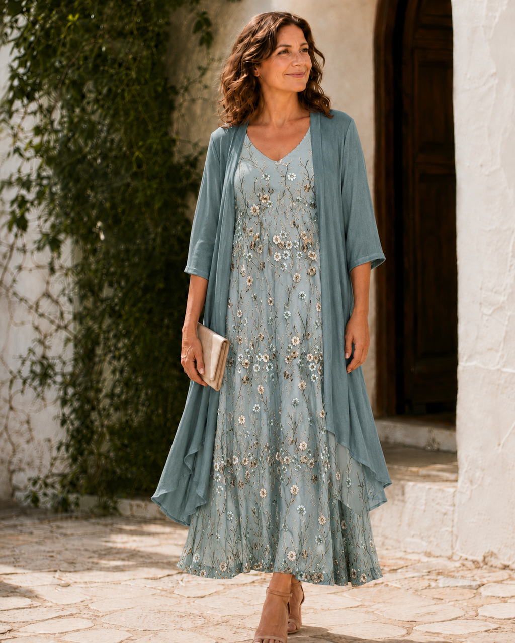 Women's Floral Dress and Long Duster Set for Fall - Sage