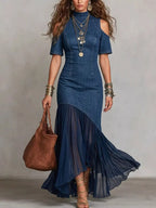 Women's Off-Shoulder Maxi Dress with Ruffle Hem - Dark Blue