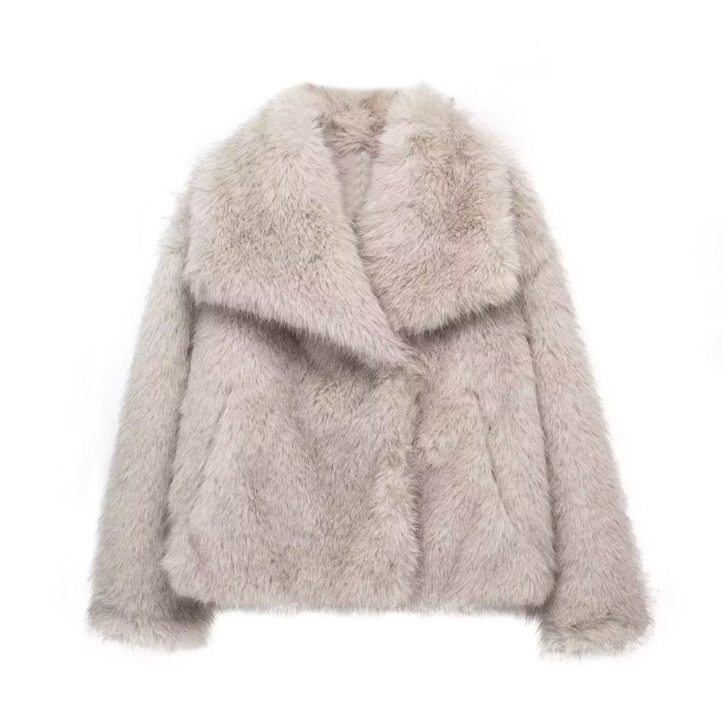 Women's Faux Fur Lapel Coat Warm Padded Winter Coat - Greige