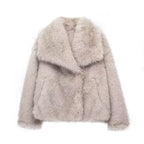 Women's Faux Fur Lapel Coat Warm Padded Winter Coat - Greige