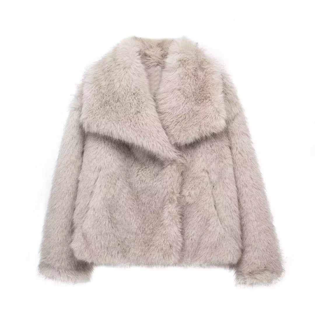 Women's Faux Fur Lapel Coat Warm Padded Winter Coat - Greige