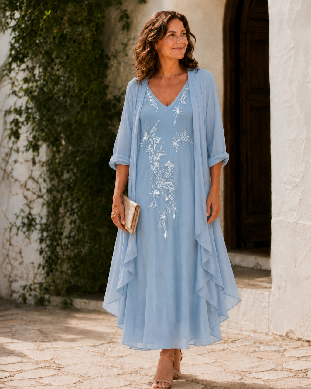 Women's Floral Dress and Long Duster Set for Fall - Light Blue