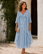 Women's Floral Dress and Long Duster Set for Fall - Light Blue