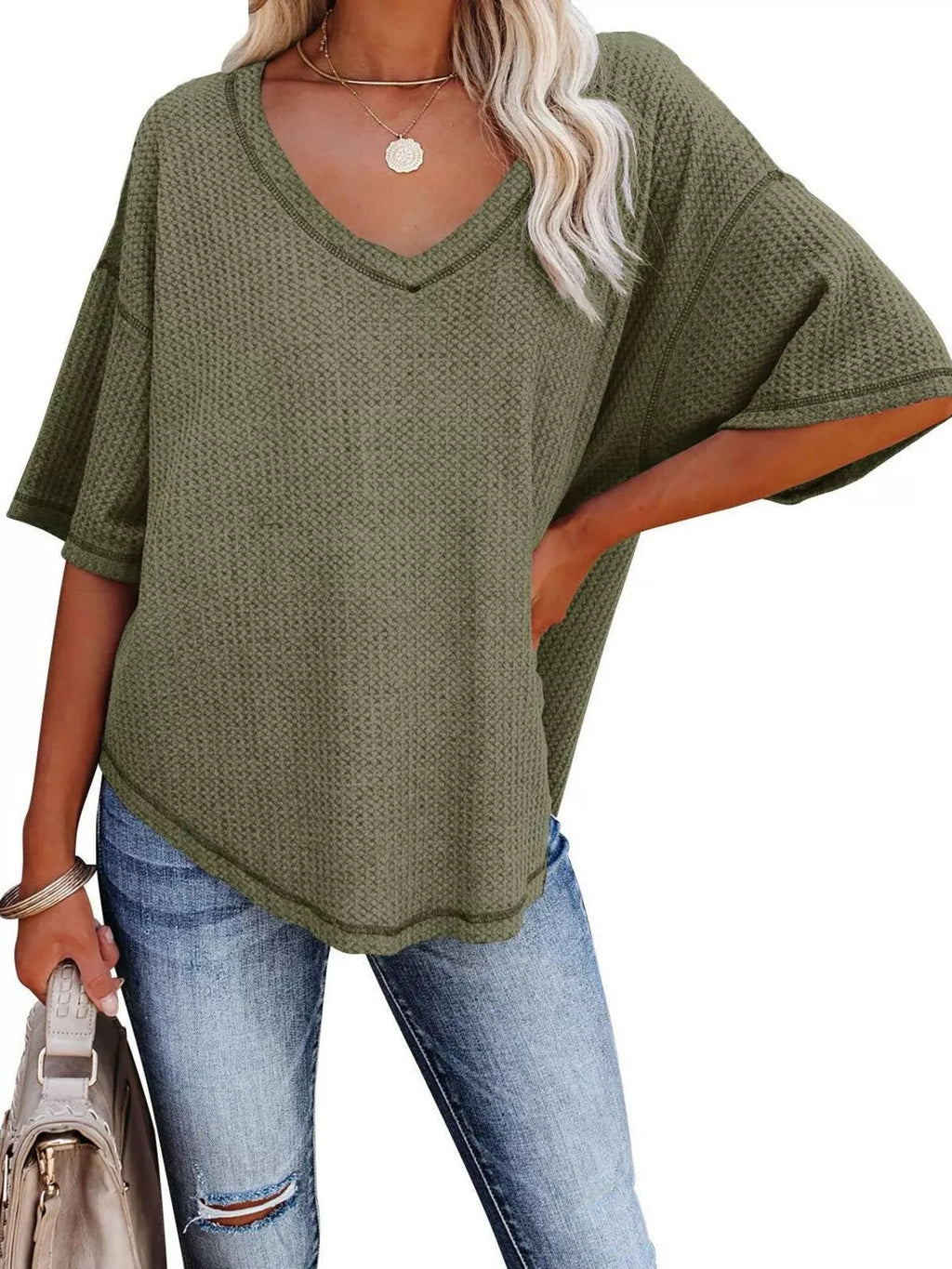 Women's Waffle Knit V-Neck Short Sleeve T-Shirt