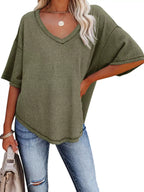 Women's Waffle Knit V-Neck Short Sleeve T-Shirt