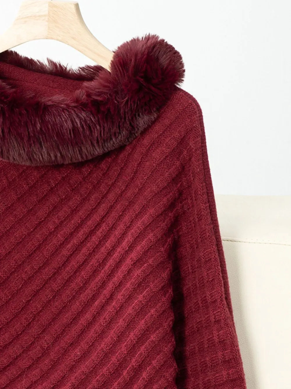 Women's 3/4 Sleeve Poncho with Faux Fur Trim Textured Cape