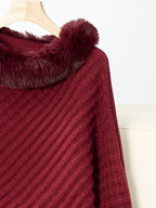 Women's 3/4 Sleeve Poncho with Faux Fur Trim Textured Cape