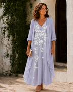 Women's Floral Dress and Long Duster Set for Fall - Lavender Blue