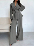 Women's Tie-Waist Top and Textured Wide-Leg Pants Set