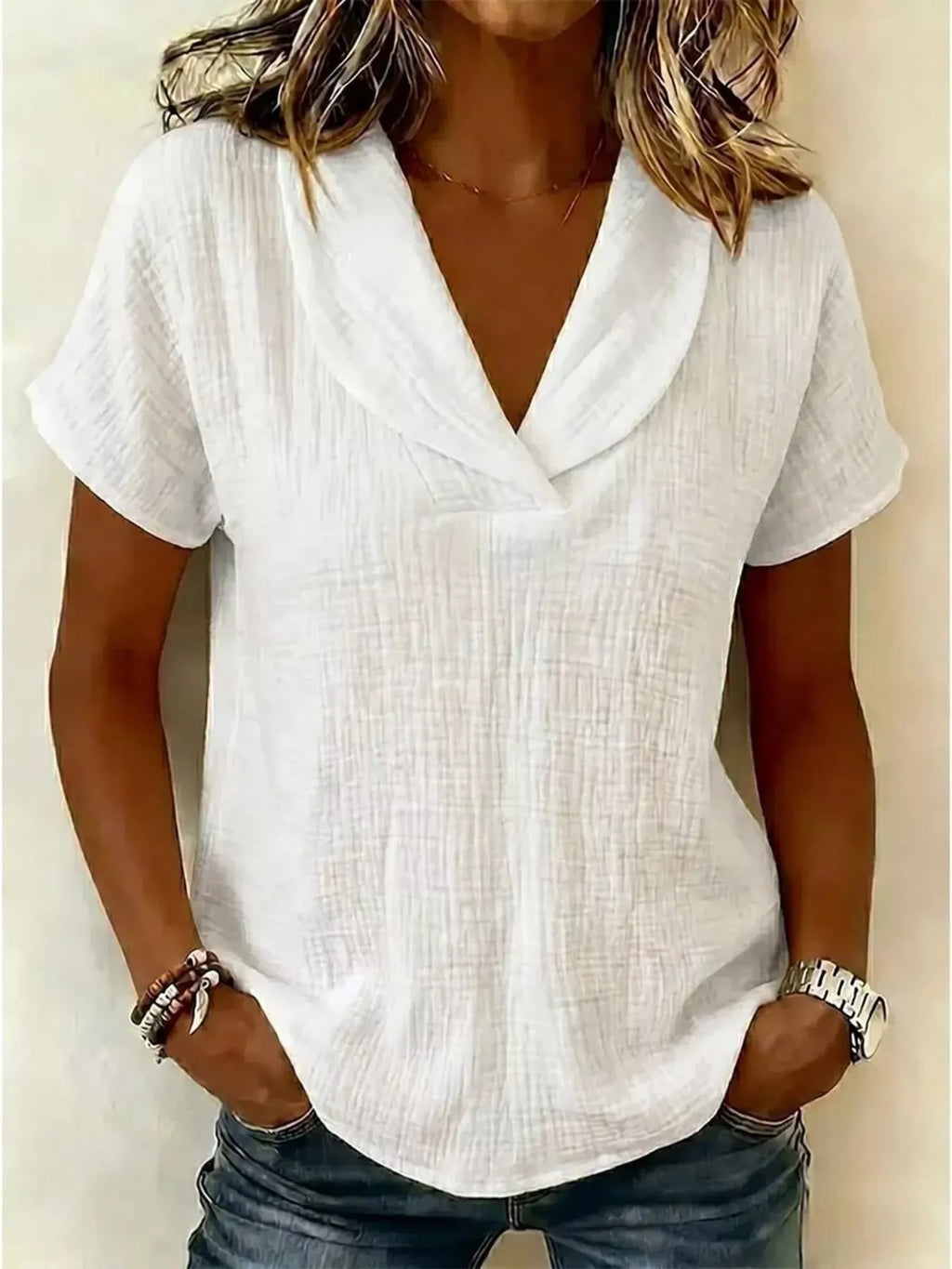 Women's Plus Size Casual Textured Short Sleeve Blouse - White