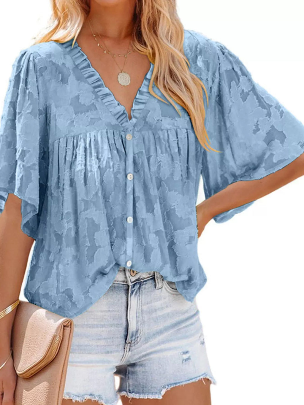 Women's Plus Size Textured V-Neck Button-Up Shirt - Blue