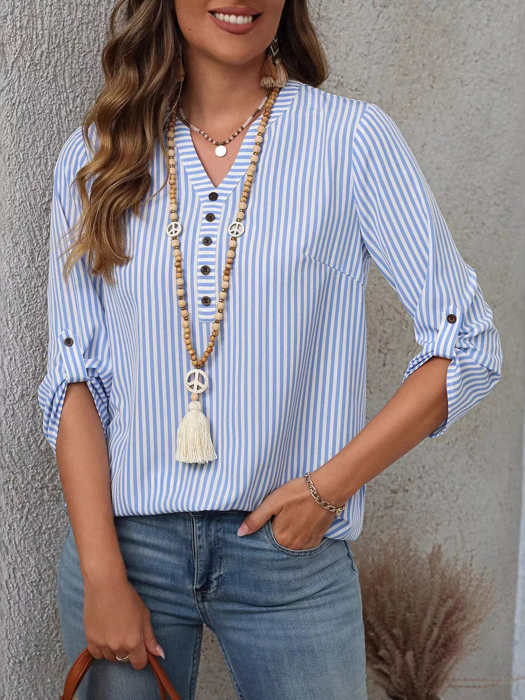 Women's Striped V-Neck Roll-Up Sleeve Blouse