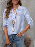 Women's Striped V-Neck Roll-Up Sleeve Blouse