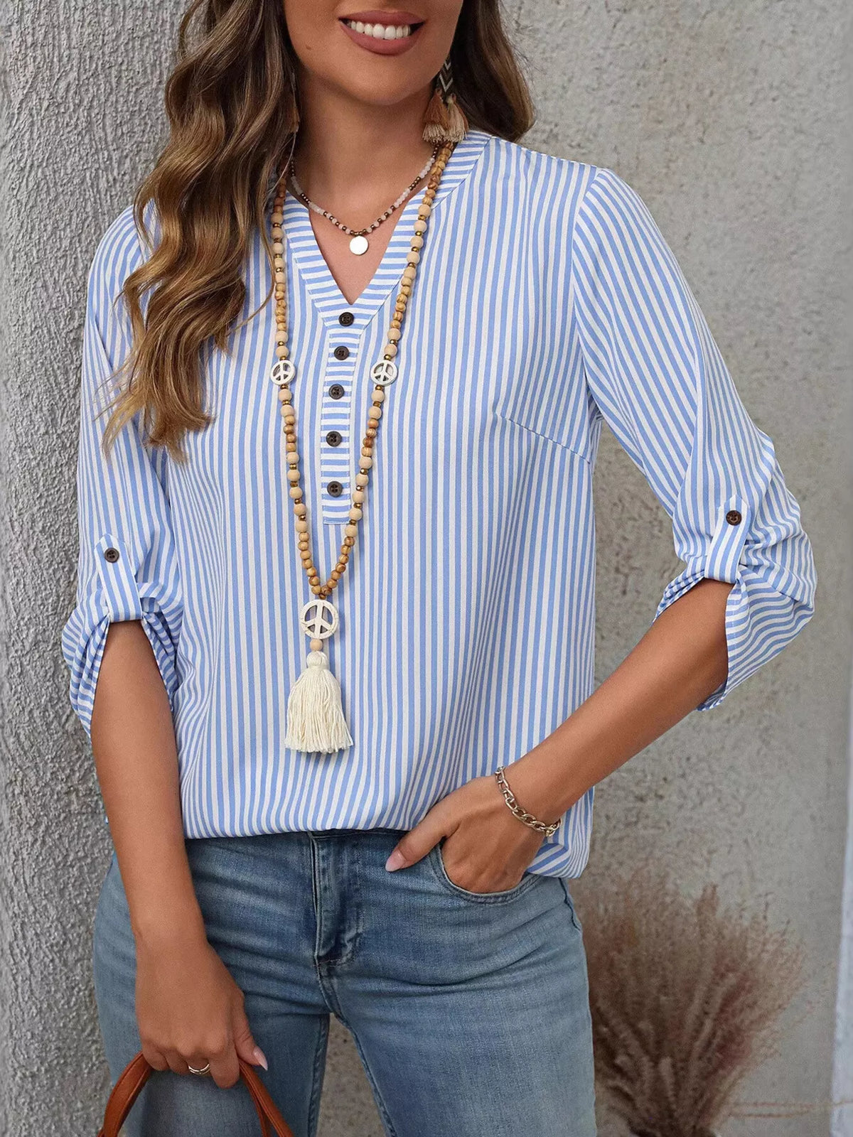 Women's Striped V-Neck Roll-Up Sleeve Blouse