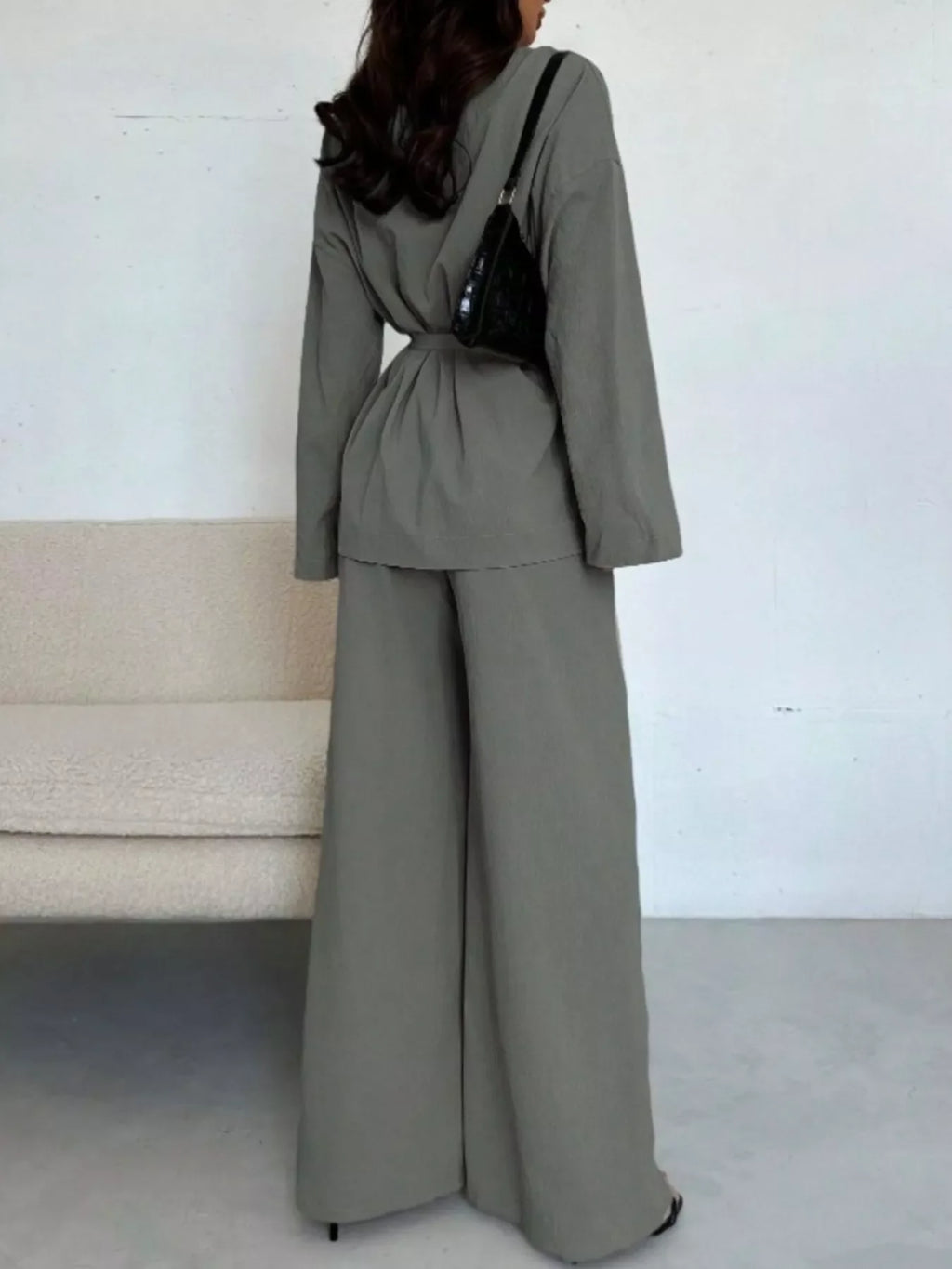 Women's Tie-Waist Top and Textured Wide-Leg Pants Set