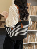 Women's Striped Woven Shoulder Bag - Black