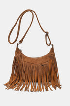 Women's Suede Fringe Shoulder Bag with Adjustable Strap - Caramel