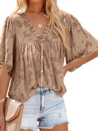 Women's Plus Size Textured V-Neck Button-Up Shirt - Brown