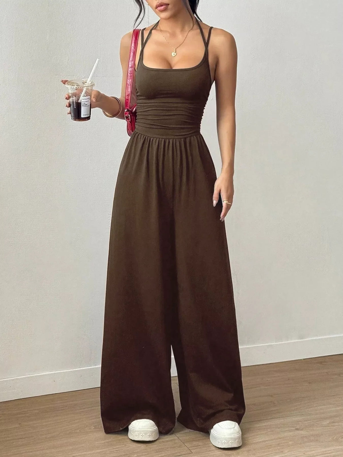 Women's Spaghetti Strap Wide-Leg Jumpsuit - Brown