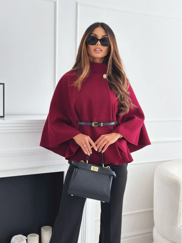 Women's Turtleneck Wool Poncho with Belt - Wine Red